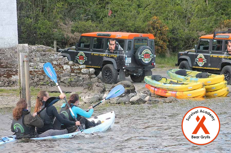 Bear Grylls Island Survival Academy Landrovers on the shore of Killygowan Island in Fermanagh